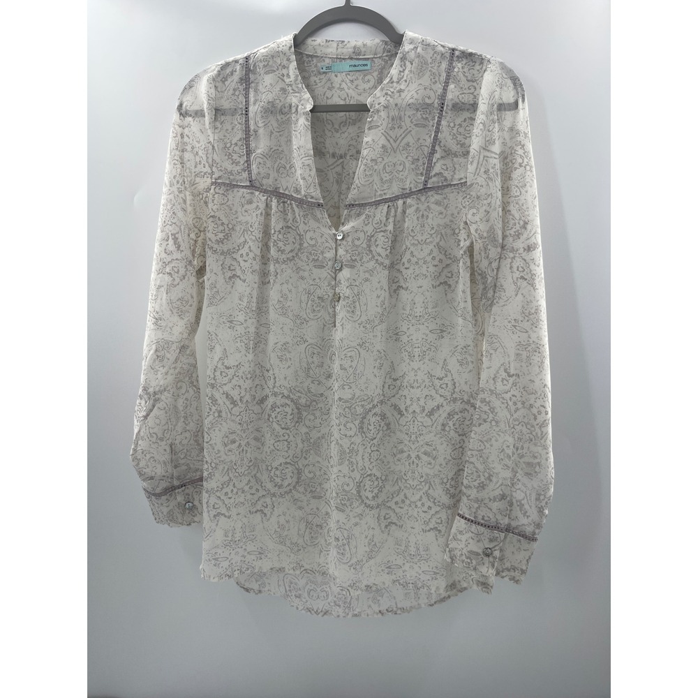 Maurices Womens Small Grey Paisley Sheer Button Front Blouse Lace Trim Top